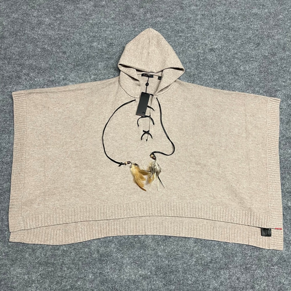 Greyson Poncho Womens One Size Fawn Heather Wool Cashmere Hooded Feather Lace Up - Picture 2 of 14
